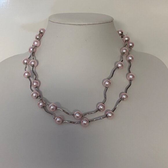 Pink Faux Pearl Silver Tone Necklace Double Strand Wavy Bar Beaded Jewelry - Picture 6 of 6